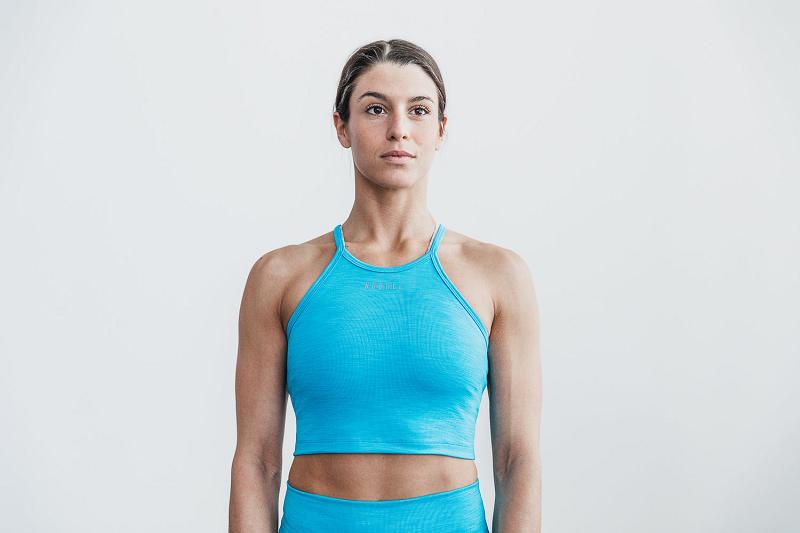 Turquoise Nobull Halter Crop Tank (NEON Ribbed) Women's Tanks | CA I2252L